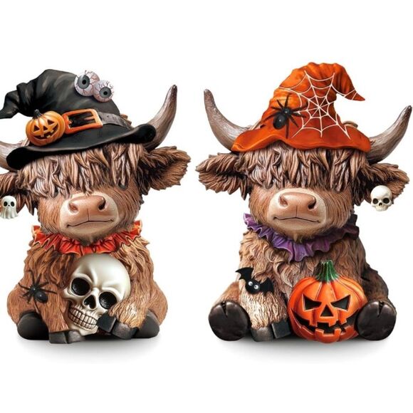 💎2 Pcs Highland Cow Figurines Halloween Pumpkin Skull Spider Highland Cow - Picture 2 of 4